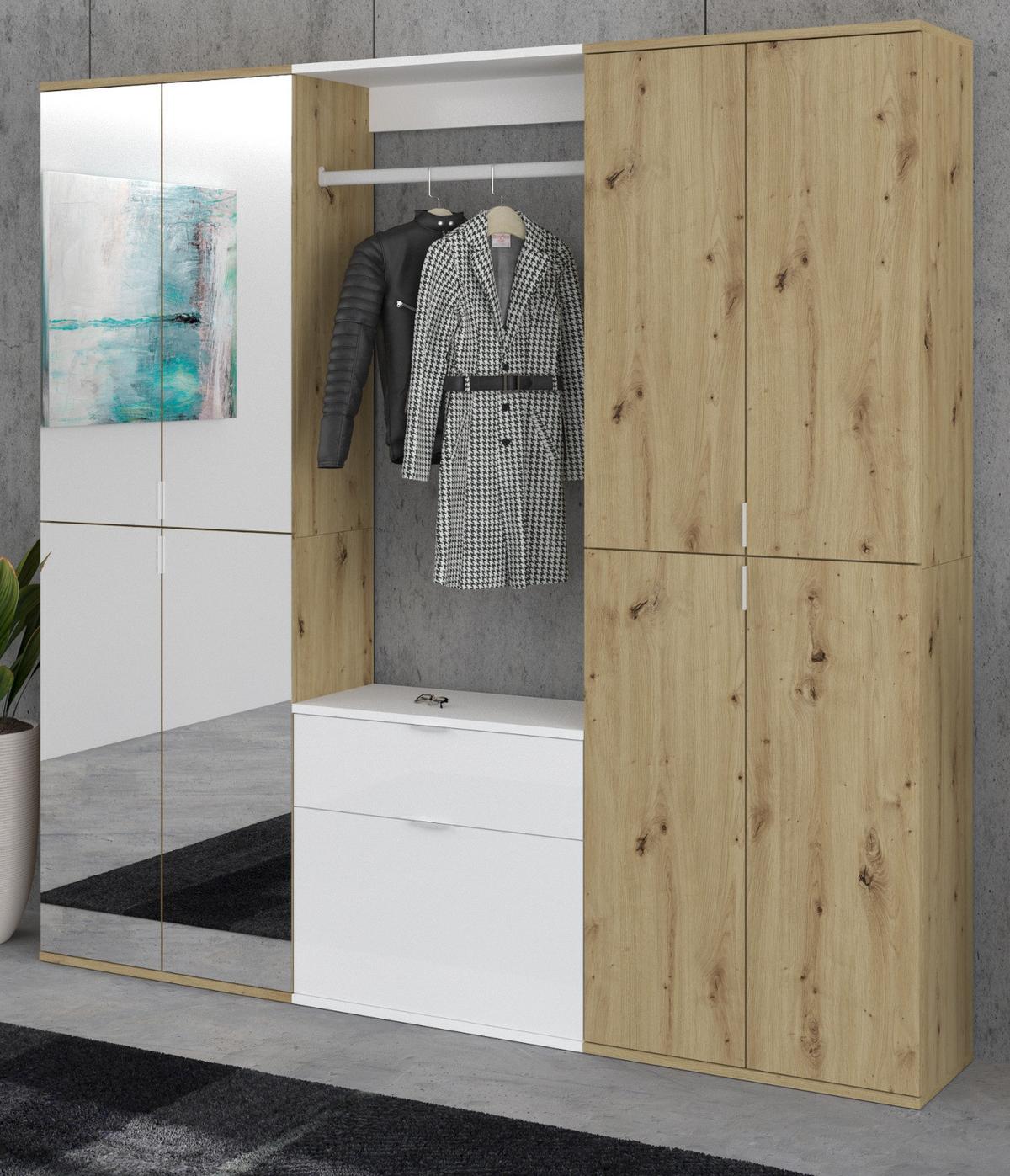 GARDEROBE Eiche Artisan, weiß Hochglanz 183 cm, Kombination mit 21 Fächern - Chromfarben/Weiß Hochglanz, Glas/Holzwerkstoff (183/193/34cm) - Inn.Furn