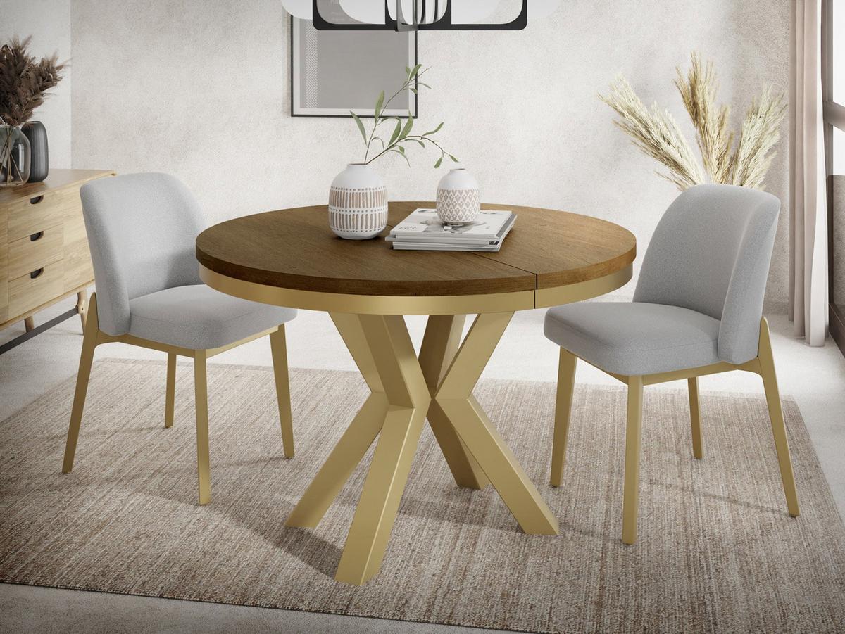 ESSTISCH Clara Gold runder ausziehbarer, Lefkas Eiche 100-180/100/76 cm - Alteiche/Goldfarben, Holzwerkstoff/Metall (100/176/76cm) - WFL GROUP