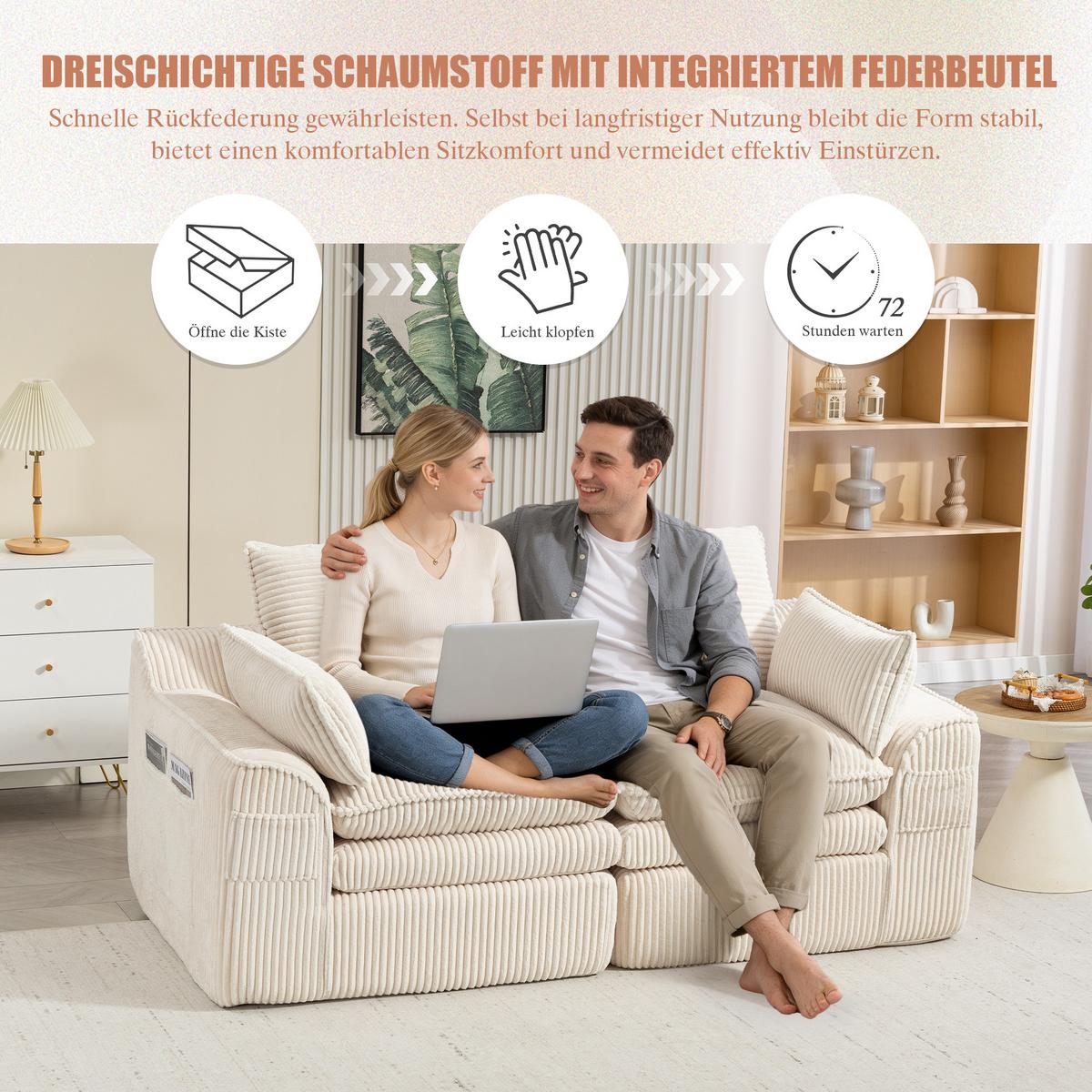 2-SITZER SOFA cordstoff mit seitentaschen & federkern - Beige, Textil (191/85/94cm) - Urban Meuble