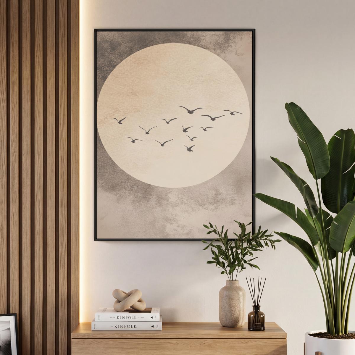 LEINWAND Bilder mit Rahmen - Vogel - Beige - Japanisch - 70x100 - Taupe, Textil (70/100cm) - MuchoWow