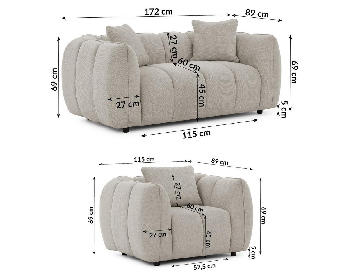 SITZGARNITUR 2+1 Nubira in tief gesteppter Bubble-Optik aus weichem Taupe Strukturstoff im modernen Design - Taupe/Schwarz, Holz/Kunststoff (172/69/89cm) - S-Style Möbel