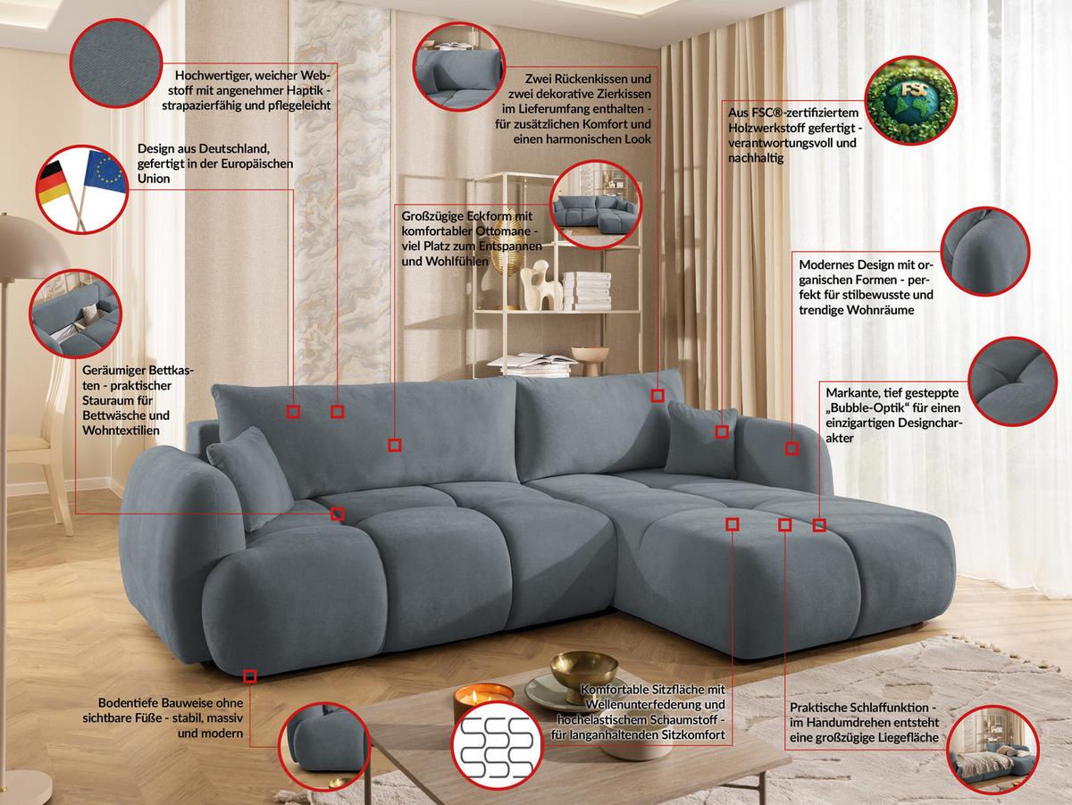 ECKSOFA Loretto aus natürlichem Dunkelgrau Webstoff mit Schlaffunktion, Bettkasten und tiefen Steppungen in Bubble-Optik - Dunkelgrau/Schwarz, Holz/Kunststoff (275/180cm) - S-Style