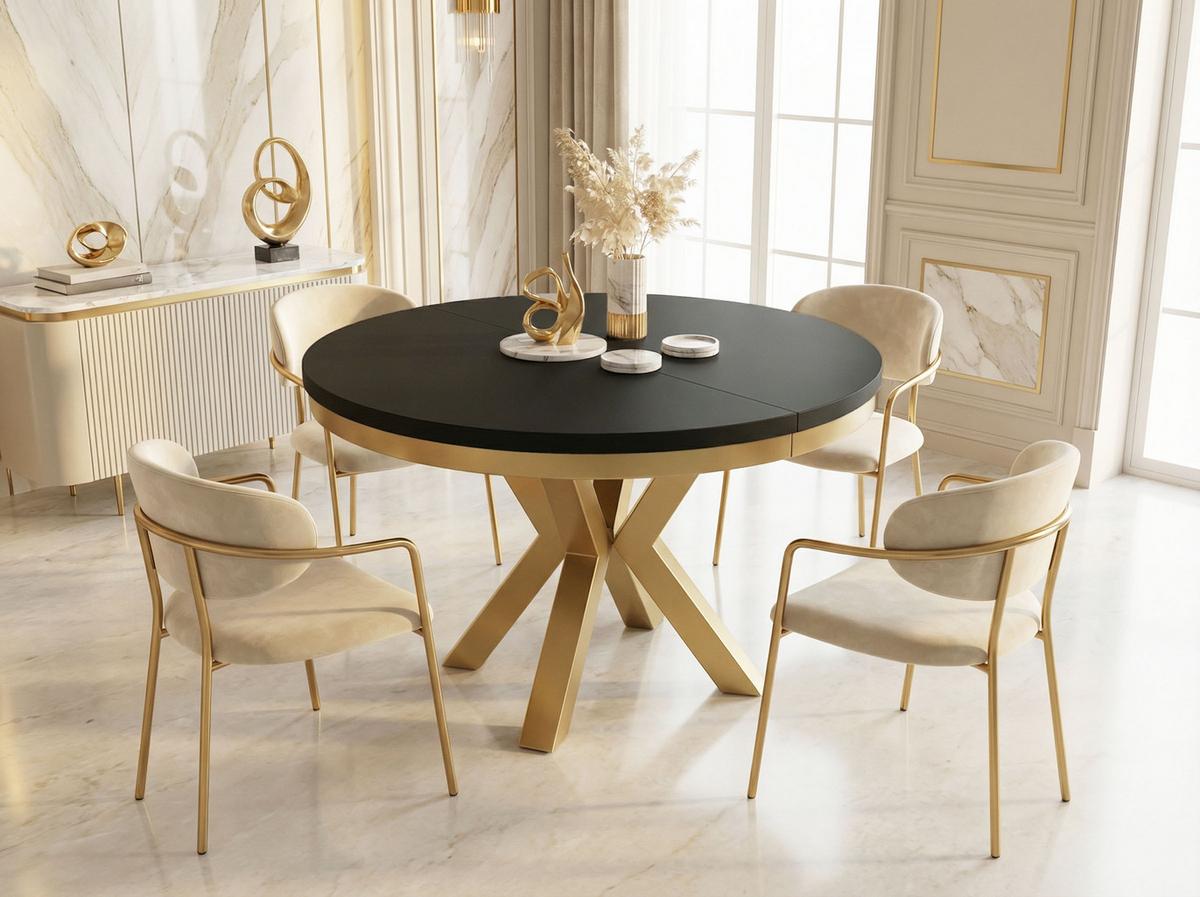 ESSTISCH Clara Gold runder ausziehbarer, Schwarz 120-200/120/76 cm - Goldfarben/Schwarz, Holzwerkstoff/Metall (120/196/76cm) - WFL GROUP