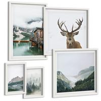 BILDER SET 5er Set - 50x50 cm & 20x30 cm & 40x60 cm Weißer Rahmen - Berge, See, Hirsche, Hütte, Nebel - Weiß, Kunststoff (40/60cm) - TULUP