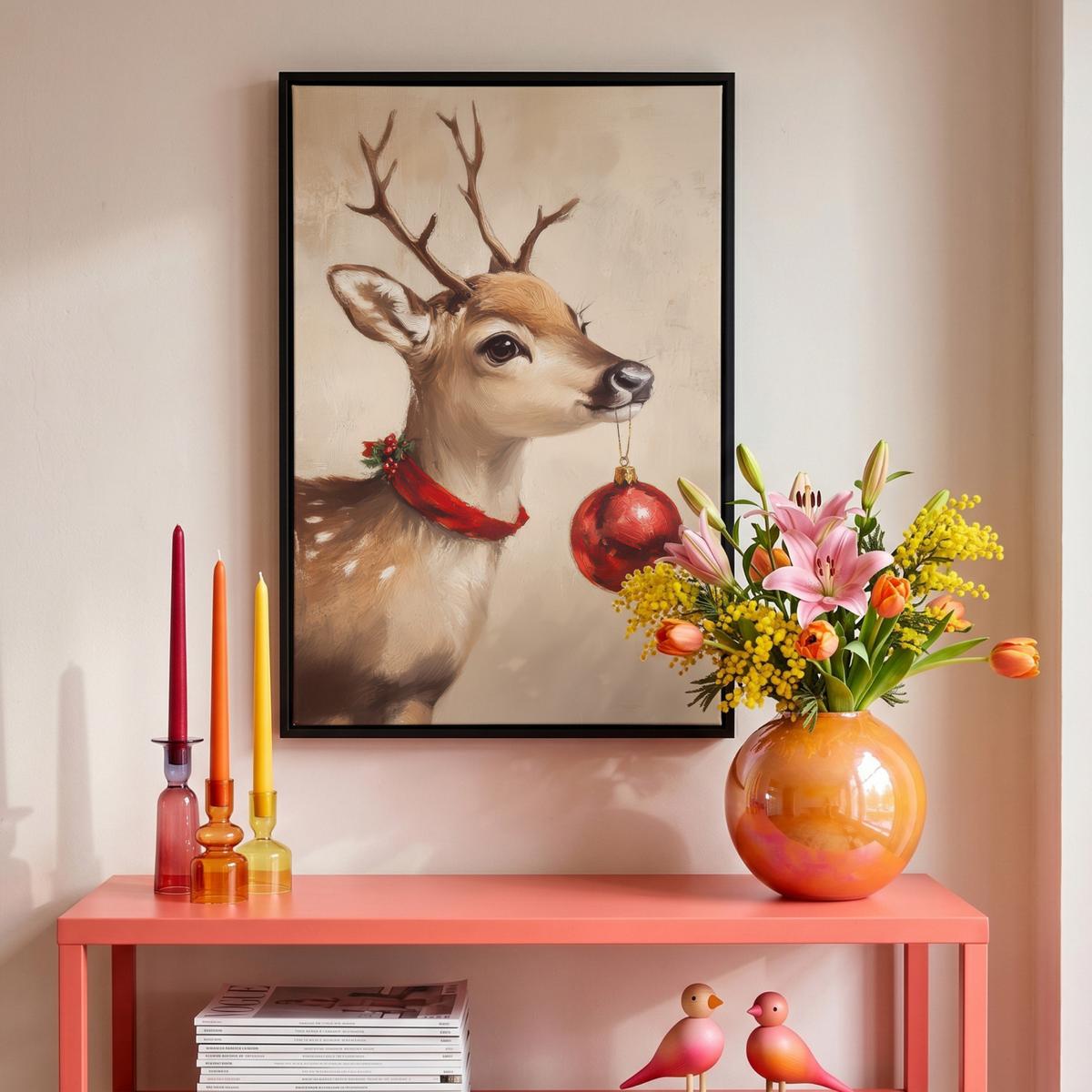 LEINWAND Bilder mit Rahmen - Weihnachten - Hirsch - Geweih - Weihnachtskugel - Rentier - 40x60 - Hellbraun, Textil (40/60cm) - MuchoWow