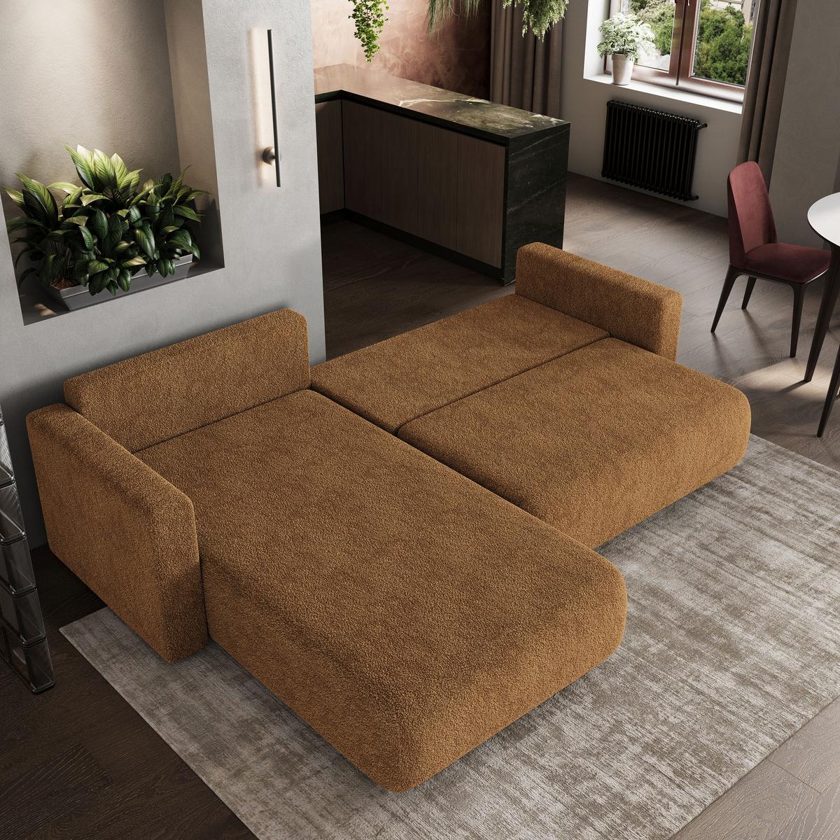 ECKSOFA TURIN N Braun Bucle-Stoff mit Schlaffunktion - Braun/Grau, Holz/Kunststoff (265/183cm) - MASSENO