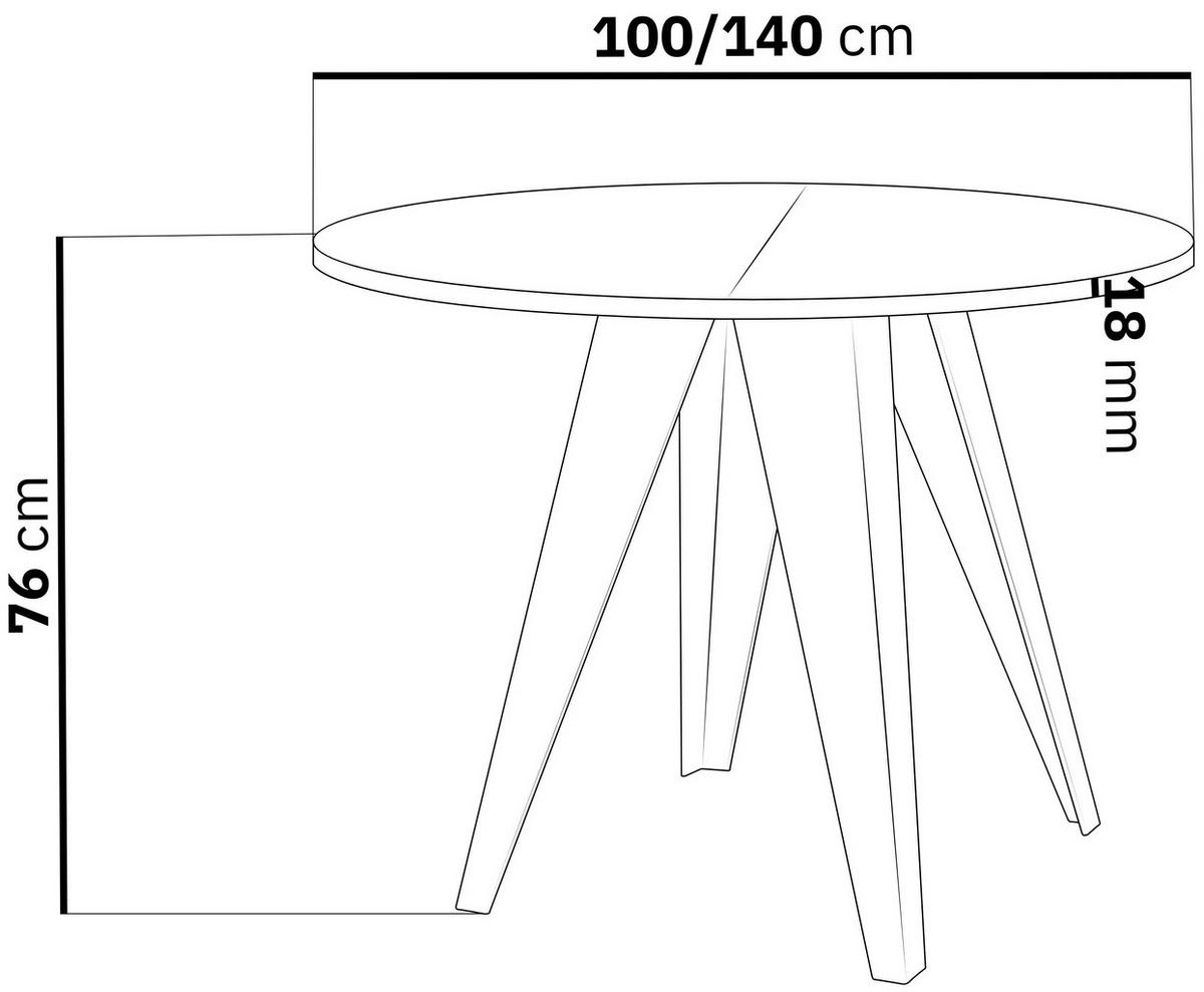 ESSTISCH Glory runder ausziehbarer, Lancelot Eiche 100-140/100/76 cm - Eichefarben/Schwarz, Holzwerkstoff/Metall (100/140/76cm) - WFL GROUP