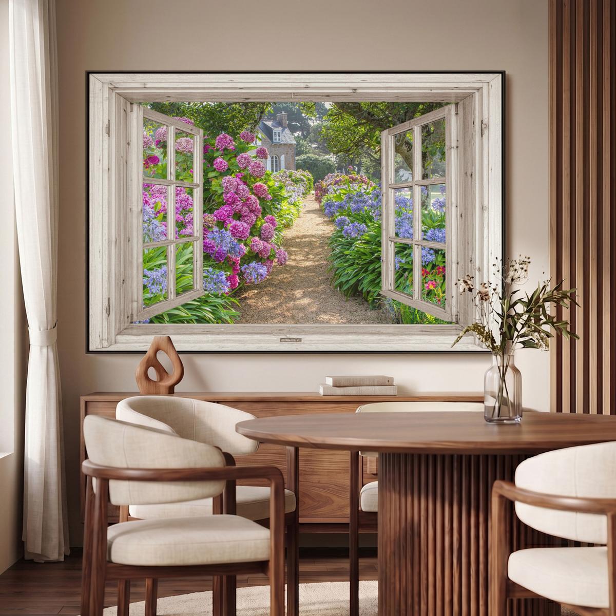 LEINWAND Bilder mit Rahmen - Hortensie - Durchsichtig - Blumen - Sommer - Lila - Weg - 120x80 - Lila, Textil (120/80cm) - MuchoWow