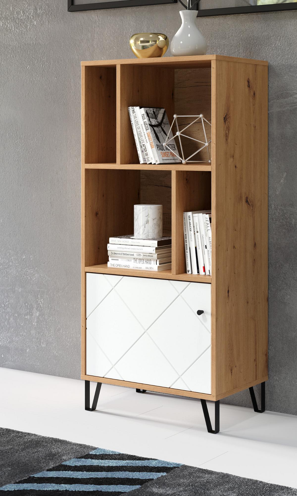 REGALSCHRANK weiß matt, Eiche Artisan 63 x 136 cm, Bücherregal mit Rautenoptik - Eichefarben/Schwarz, Holzwerkstoff/Kunststoff (63/136/40cm) - Top.Furn