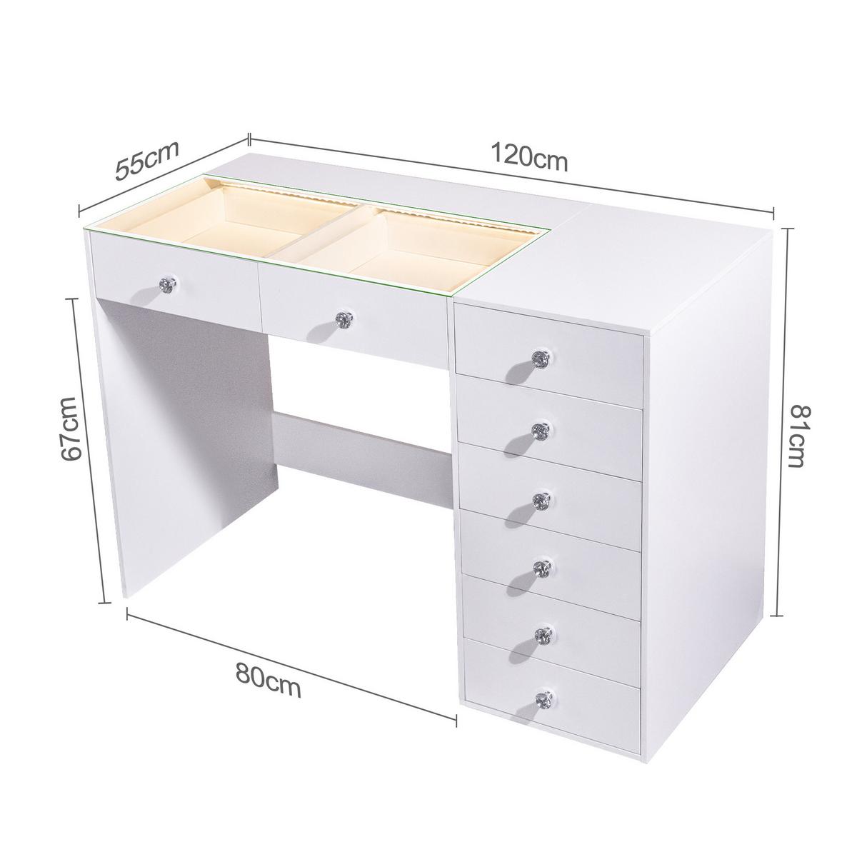 KONSOLENTISCH mit Beleuchtung LED 8 Schubladen Weiβ 120/55/81 CM - Weiß, Glas/Holzwerkstoff (55/120/81cm) - VANITII