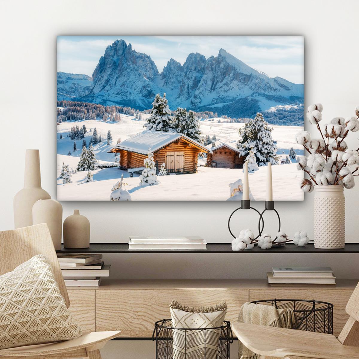LEINWANDBILD Winter - Hütte - Berge - Aussicht - Schnee Wanddeko 90x60 cm - Eichefarben, Textil (90/60cm) - MuchoWow