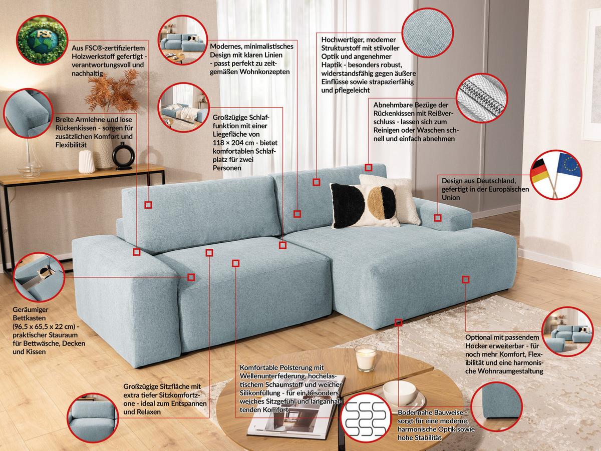 ECKSOFA inkl. Hocker Lennon aus Hellblau Strukturstoff mit Schlaffunktion und Bettkasten - Schwarz/Hellblau, Holz/Kunststoff (264/137cm) - S-Style
