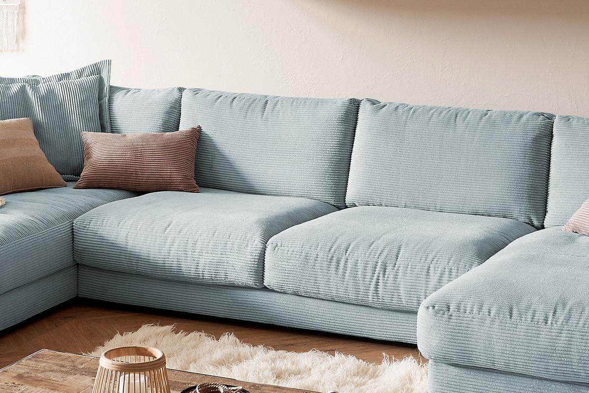 WOHNLANDSCHAFT MADELINE Hellblau Cord - Schwarz/Hellblau, Kunststoff/Textil (425/86/224cm) - KAWOLA