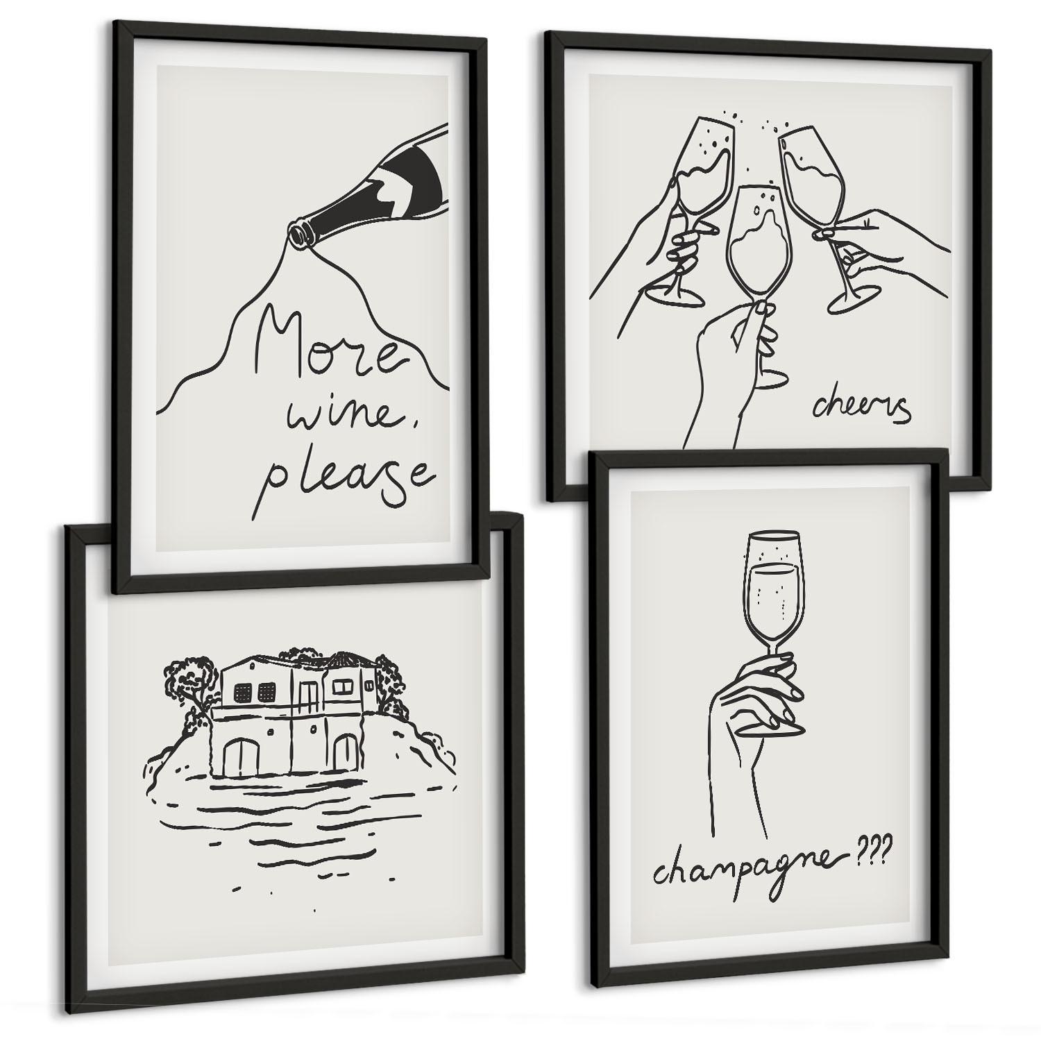 BILDER SET 4er Set - 50x50 cm & 40x60 cm Schwarzer Rahmen - Fröhliche Momente mit Champagner - Schwarz, Kunststoff (50/50cm) - TULUP