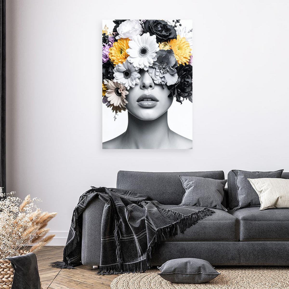 LEINWANDBILD Porträt einer Frau mit Blumen auf dem Kopf 80x120cm - Schwarz, Textil (80/120cm) - Feeby