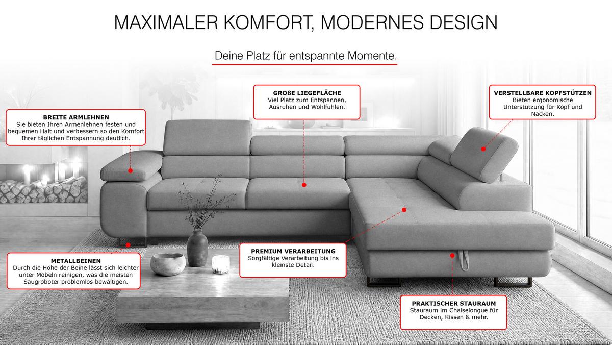 ECKSOFA Velmo mit Bettkasten und Schlaffunktion, verstellbaren Kopfstützen, in L-Form - Hellgrau, Textil (275/203cm)