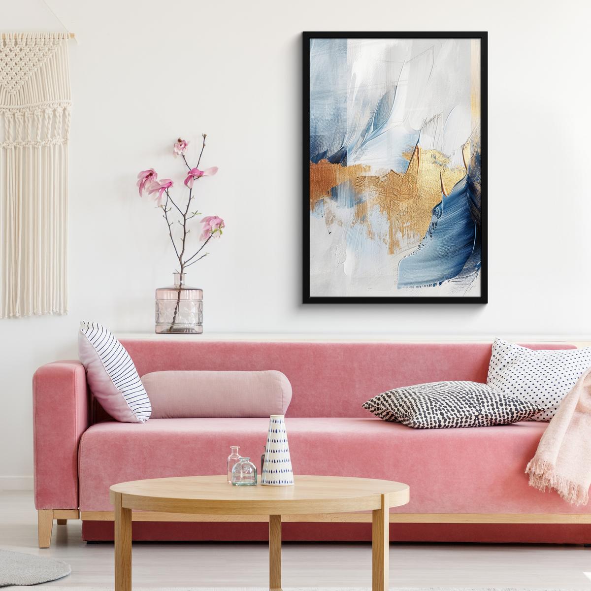 POSTER MIT RAHMENGERAHMTES BILD Gold - Blau - Aquarell - Kunst - Modern 60x90 cm - Hellblau, Papier (60/90cm) - MuchoWow