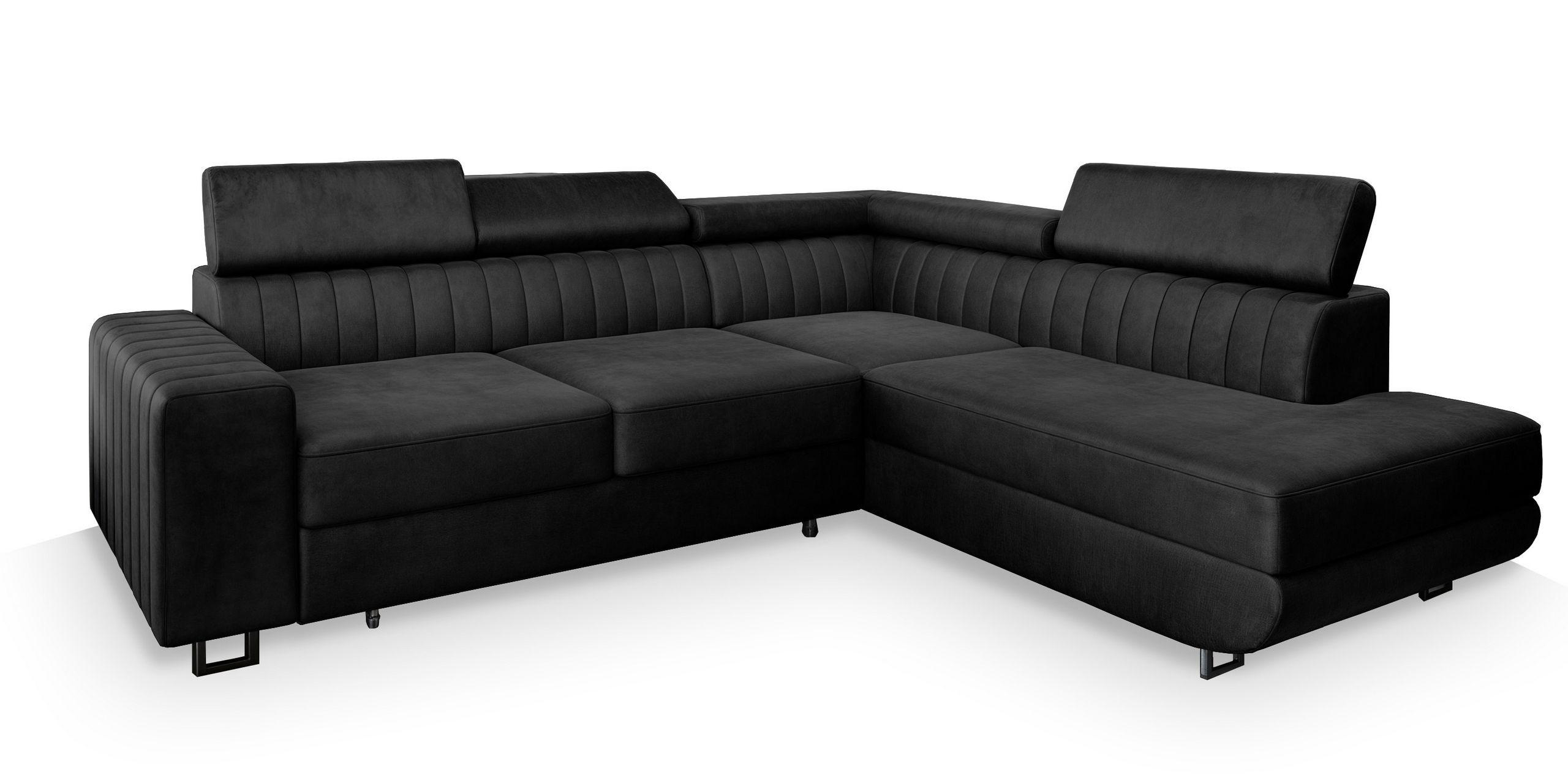 ECKSOFA NOLA R-S Schwarz Velours-Stoff mit Schlaffunktion - Silberfarben/Schwarz, Holz/Textil (253/190cm) - MASSENO