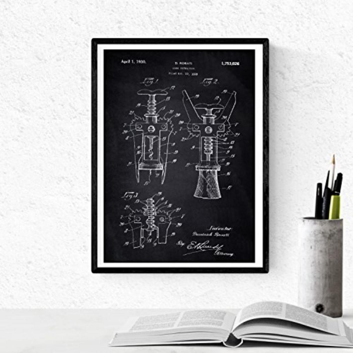 POSTER Set mit 4 Schwarz Patenten Wein A4 Schwarzer Rahmen - Schwarz, Papier (29.7/3cm) - Nacnic
