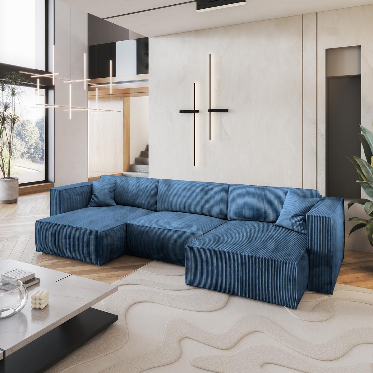 WOHNLANDSCHAFT SARMO P Blau Kordstoff mit Schlaffunktion - Blau/Grau, Holz/Kunststoff (347/70/148cm) - MASSENO