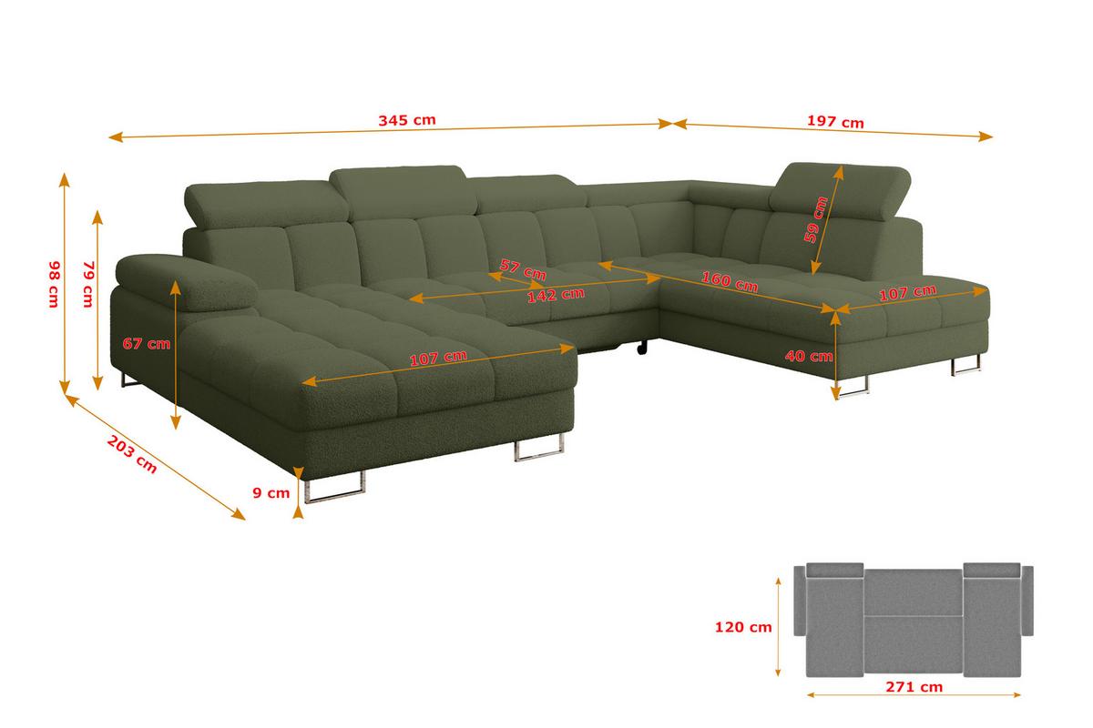 WOHNLANDSCHAFT mit Schlaffunktion und Bettkasten Ottomane RECHTS COMA U 345x203x79 Grün Bouclé - Smaragdgrün, Holzwerkstoff/Textil (203/79/345cm) - ALTDECOR