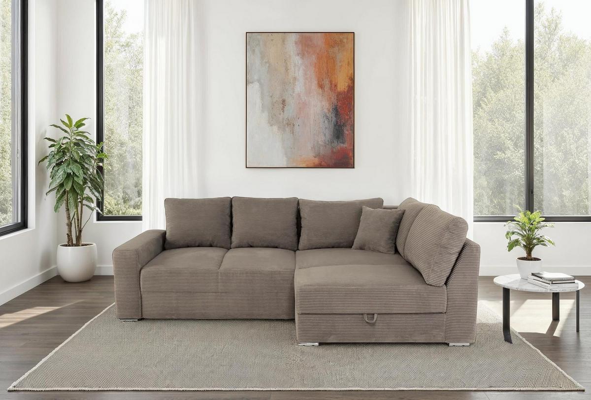 ECKSOFA-DAUERSCHLÄFER Boxspring Federkern Topper Bettkasten, seitenverkehrt montierbar B260/T181/H88 cm, Cord Braun Taupe / 15234 - Chromfarben/Braun, Textil/Metall (260/181cm) - luma-home