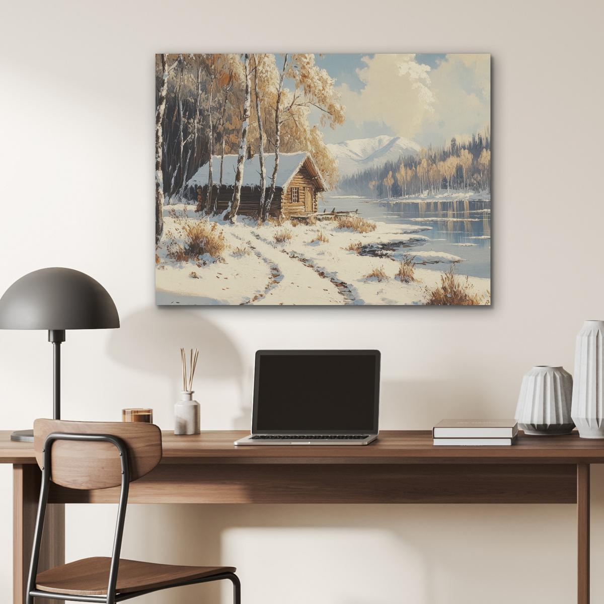 AKUSTIKBILD Winter - Schnee - Zuhause - Natur Gemälde 80x60 cm - Hellbraun, Kunststoff (80/60/0.9cm) - MuchoWow