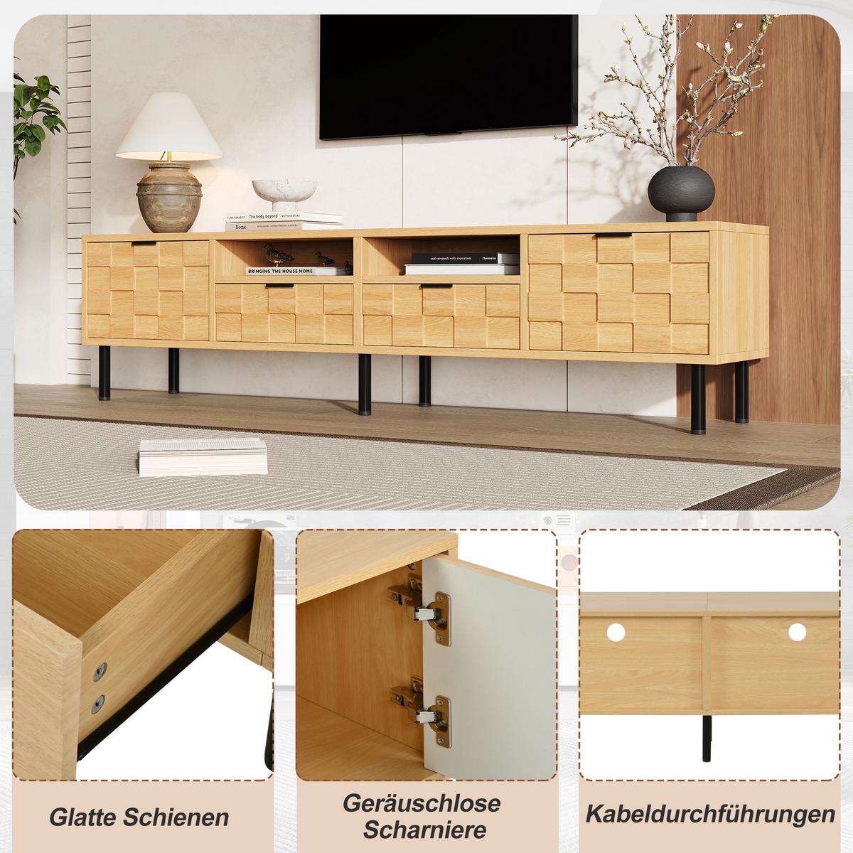 LOWBOARD Naturholzoptik 200cm für 80 Zoll TV, 3D-Dekor, 2 Türen & 2 Schubladen - Naturfarben, Holzwerkstoff (200/44.5/35cm) - Urban Meuble