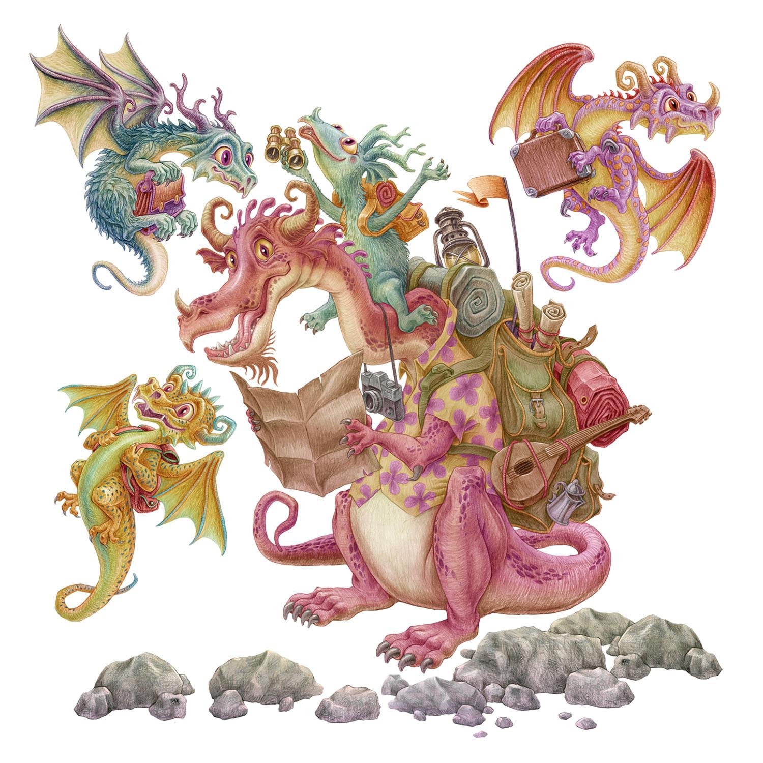WANDAUFKLEBER 60x80cm - Drachen-Märchenfamilie - Multicolor, Kunststoff (60/80/0.1cm) - Wallfluent