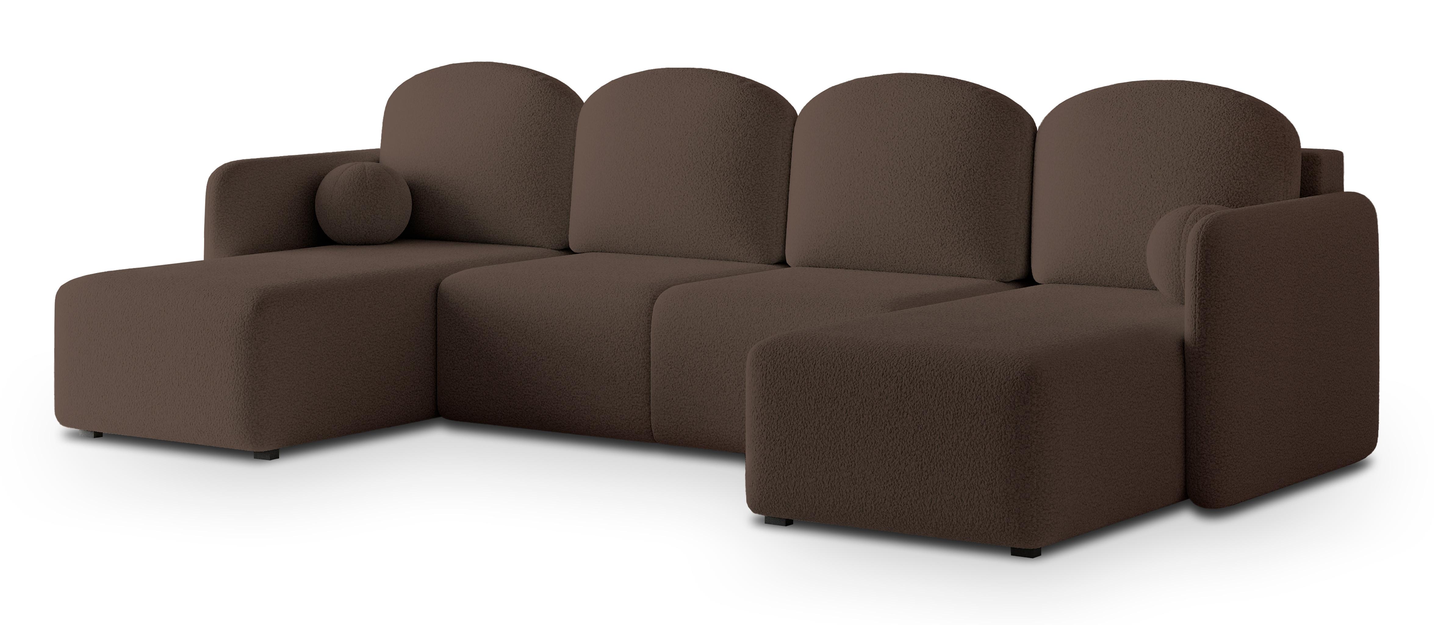 WOHNLANDSCHAFT NUBERO Braun Boucle-Stoff mit Schlaffunktion - Braun, Holz (285/85/143cm) - MASSENO