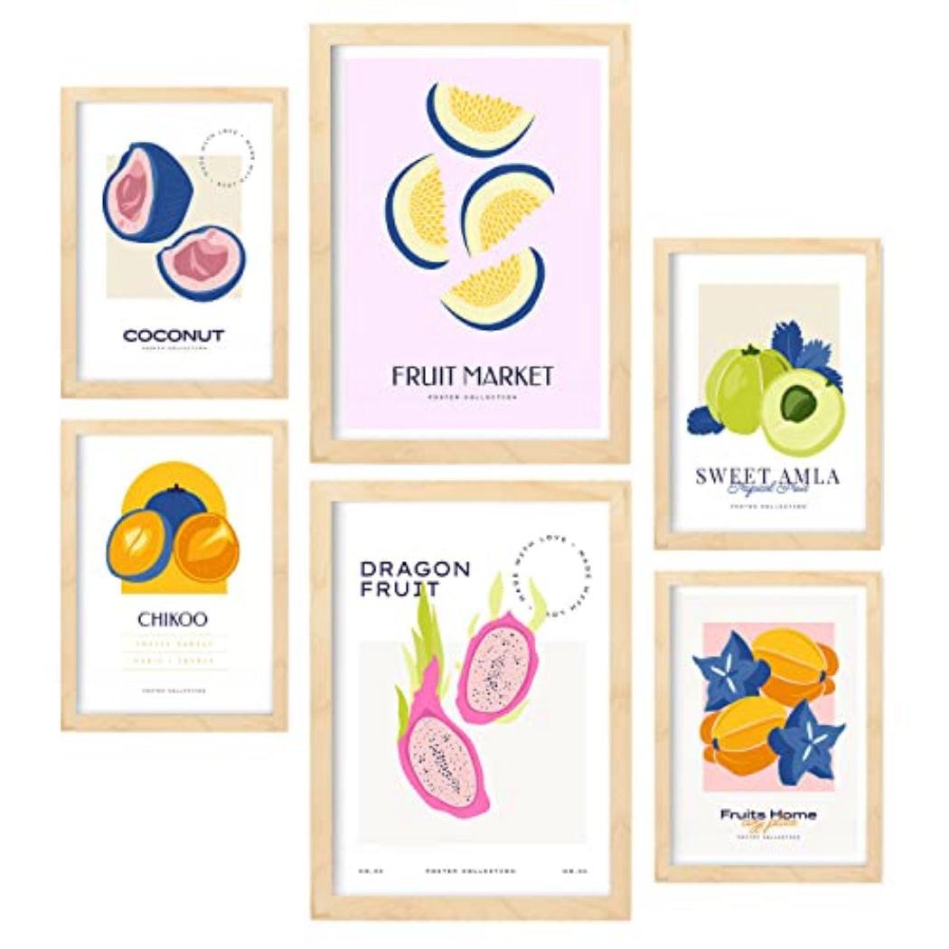 POSTER Set Mit 6 Lebensmittel Und Ernährungs Seltene Früchte Natur Und Ernährungs Für Innenarchitektur A3 & A4 Rahmen Aus Hellem Holz - Beige, Papier (29/3cm) - Nacnic