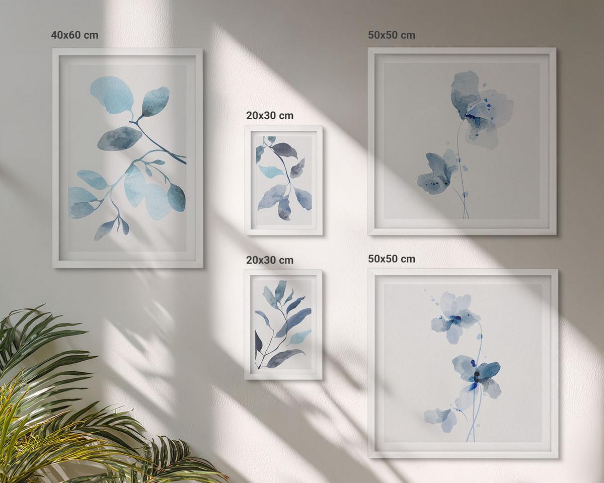 BILDER SET 5er Set - 50x50 cm & 20x30 cm & 40x60 cm Weißer Rahmen - Aquarell von blauen Blättern - Weiß, Kunststoff (40/60cm) - TULUP