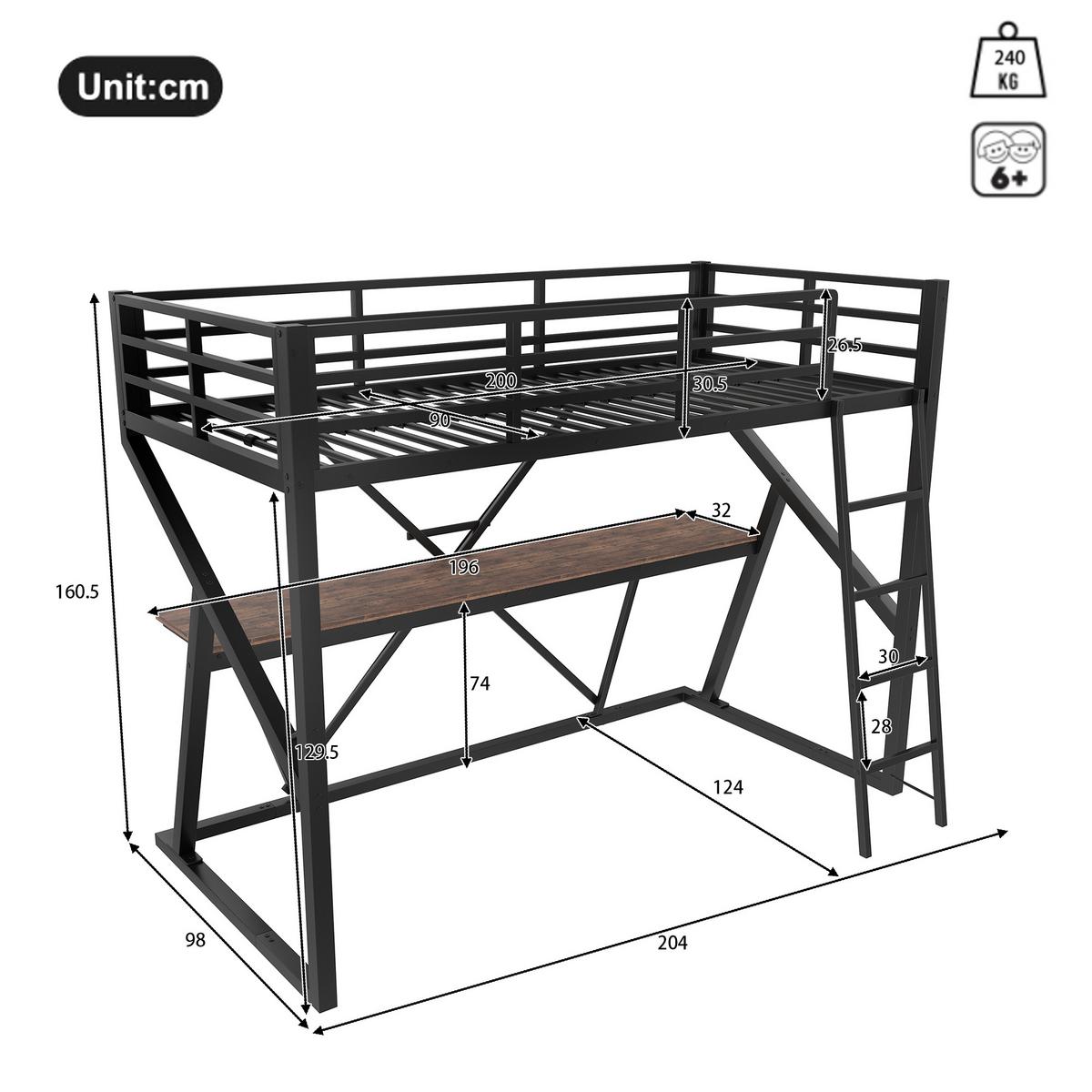 HOCHBETT Schwarz ohne Matratze 204/98/160.5 cm - Schwarz, Metall - Urban Meuble