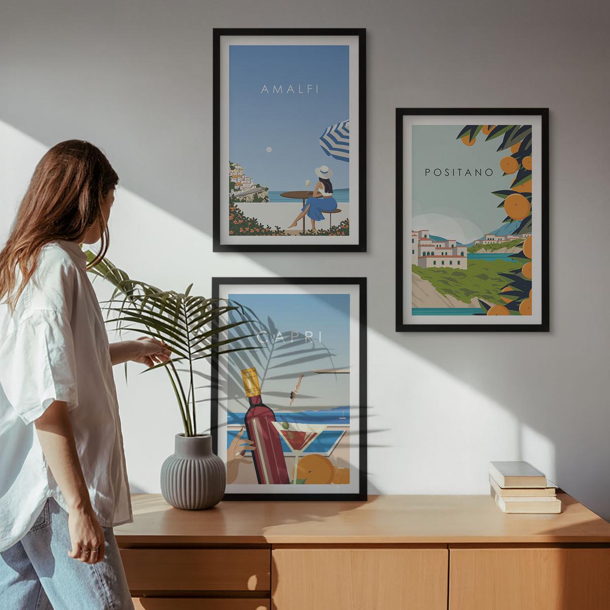 BILDER SET 3er Set - 40x60 cm Schwarzer Rahmen - Amalfi, Positano und Capri - Schwarz, Kunststoff (40/60cm) - TULUP