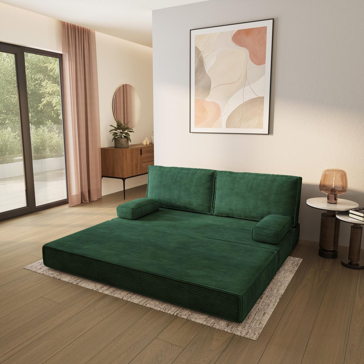 BETTSOFA SILAR aus Schaumstoff Kordstoff Grün Schlaffunktion - Grün, Textil (170/86/80cm) - MASSENO