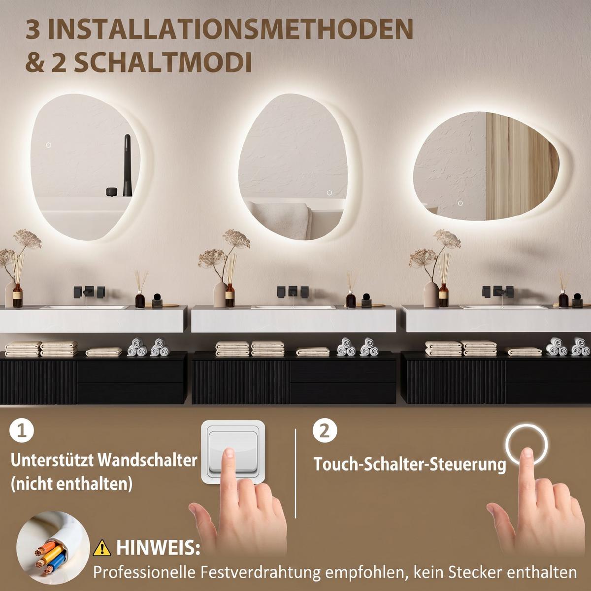70 x 50 cm Asymmetrischer Badspiegel mit LED-Licht, Anti-Beschlag-Funktion - Silberfarben, Glas (50/70/5cm) - HOMCOM