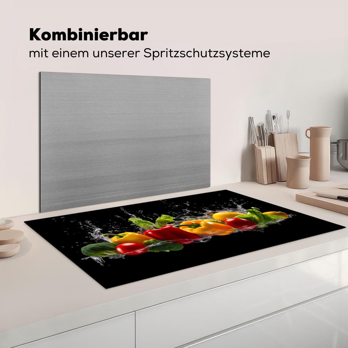 HERDABDECKPLATTE Paprika - Wasser - Gemüse - Schwarz Induktionsschutz 91.6x52.7 cm - Multicolor, Kunststoff (91.6/52.7/0.2cm) - MuchoWow
