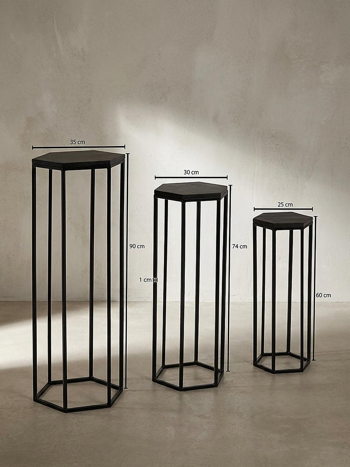 BEISTELLTISCHE 3er Set Massivholz und Metall in Hexagon-Form - Schwarz, Holz/Metall (35/35/90cm) - KADIMA DESIGN