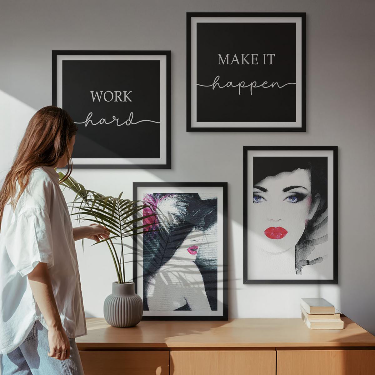 BILDER SET 4er Set - 50x50 cm & 40x60 cm Schwarzer Rahmen - Porträts von Frauen mit Lippen - Schwarz, Kunststoff (50/50cm) - TULUP