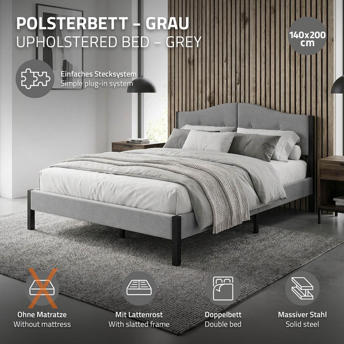 POLSTERBETT 140x200 cm Grau mit Lattenrost und Leinenstoff - Grau, Holzwerkstoff/Textil (140/200cm) - ML-DESIGN