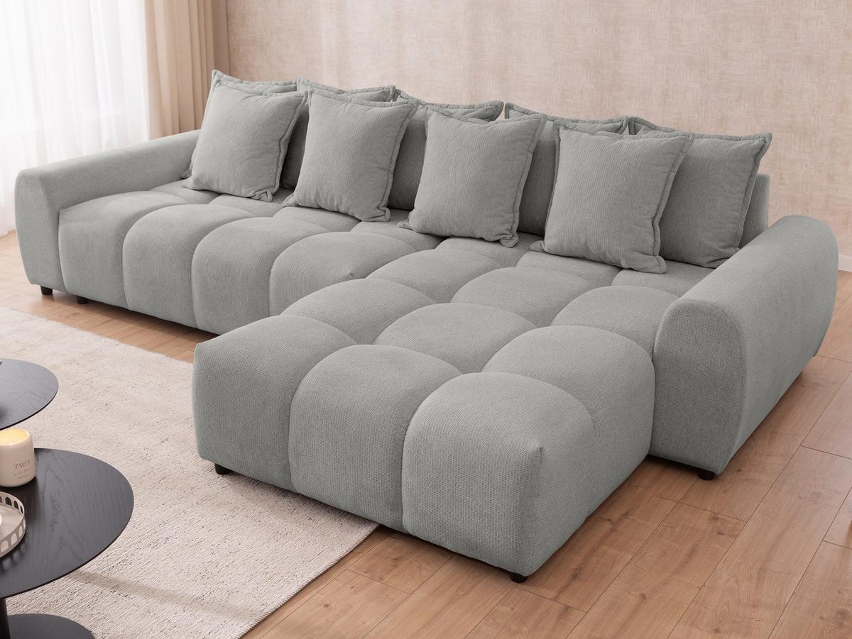 ECKSOFA Bubble mit losen Rückenkissen und Sitzfläche in Bubble-Optik aus weichem Hellgrau Strukturstoff mit schöner Sitzkomfort - Ottomane rechts - Hellgrau/Schwarz, Holz/Kunststoff (306/180cm) - S-Style Möbel