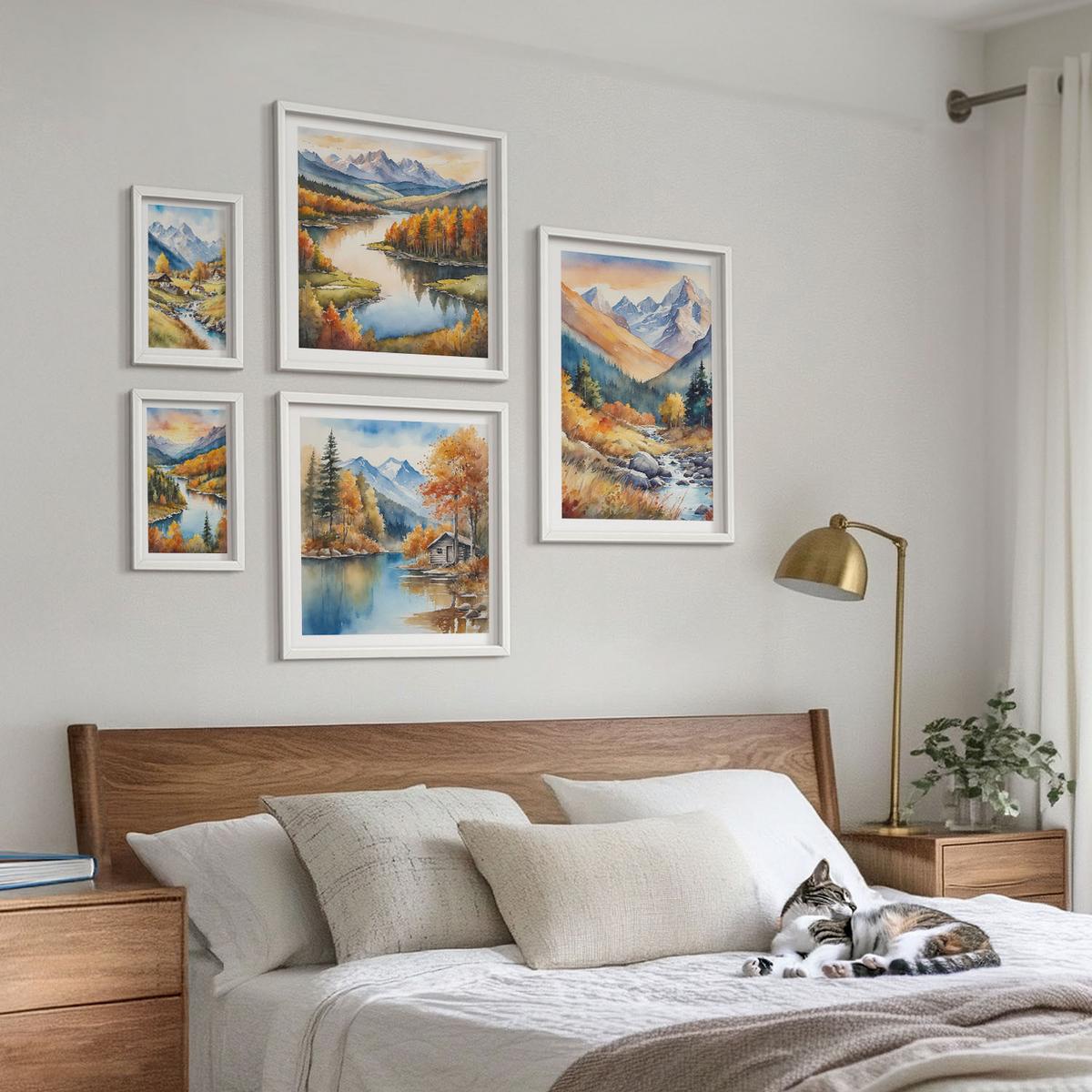 BILDER SET 5er Set - 50x50 cm & 20x30 cm & 40x60 cm Weißer Rahmen - Berglandschaft, Flusshütten - Weiß, Kunststoff (40/60cm) - TULUP