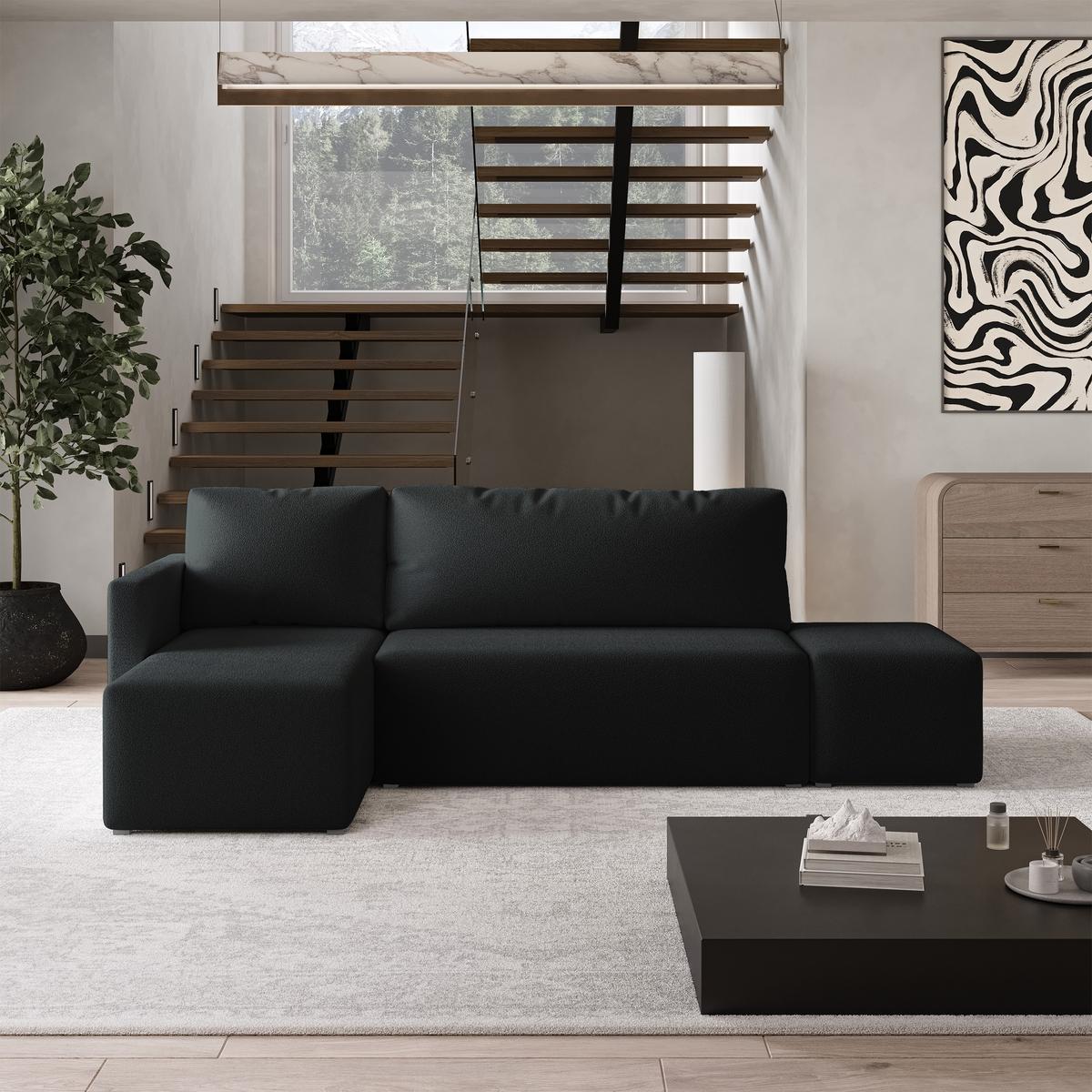 ECKSOFA VELOTTI L-S Schwarz Boucle-Stoff mit Schlaffunktion - Schwarz, Holz (261/143cm) - MASSENO