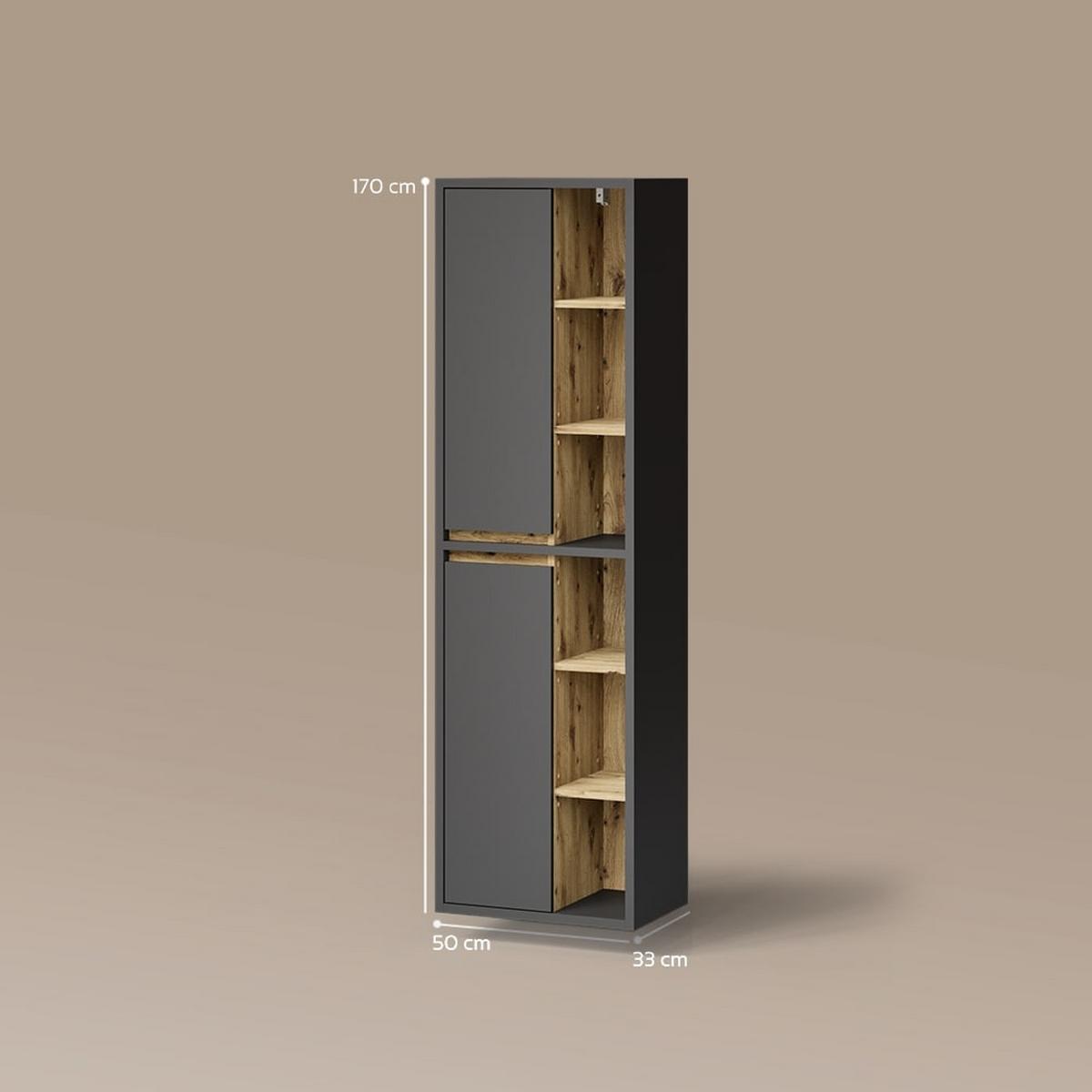 BADSCHRANK Vomano Anthrazit 50 x 170 cm mit Türen, und offenen Fächern - Anthrazit, Holzwerkstoff (50/170/33cm) - Livinity®