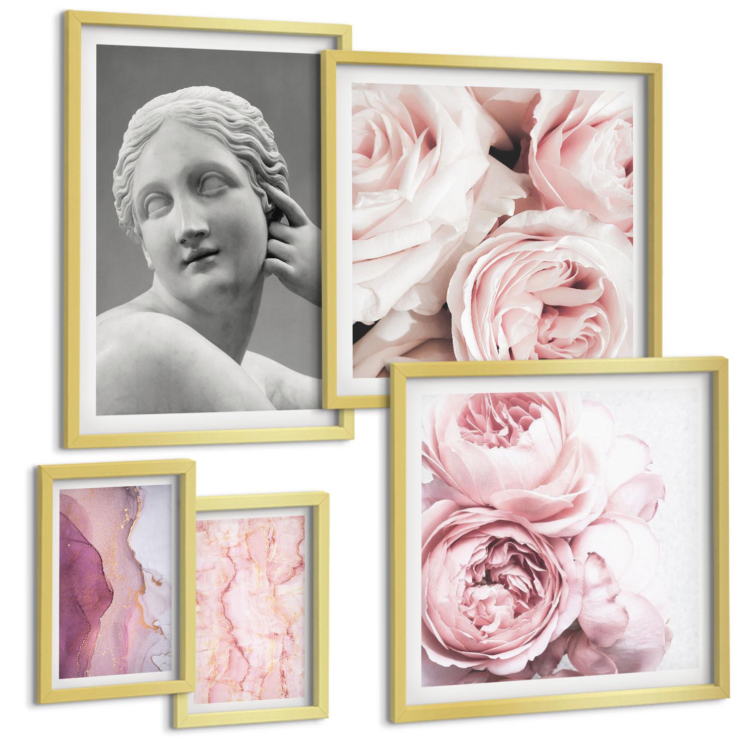 BILDER SET 5er Set - 50x50 cm & 20x30 cm & 40x60 cm Goldrahmen - Pfingstrosenskulptur einer Frau - Goldfarben, Kunststoff (40/60cm) - TULUP