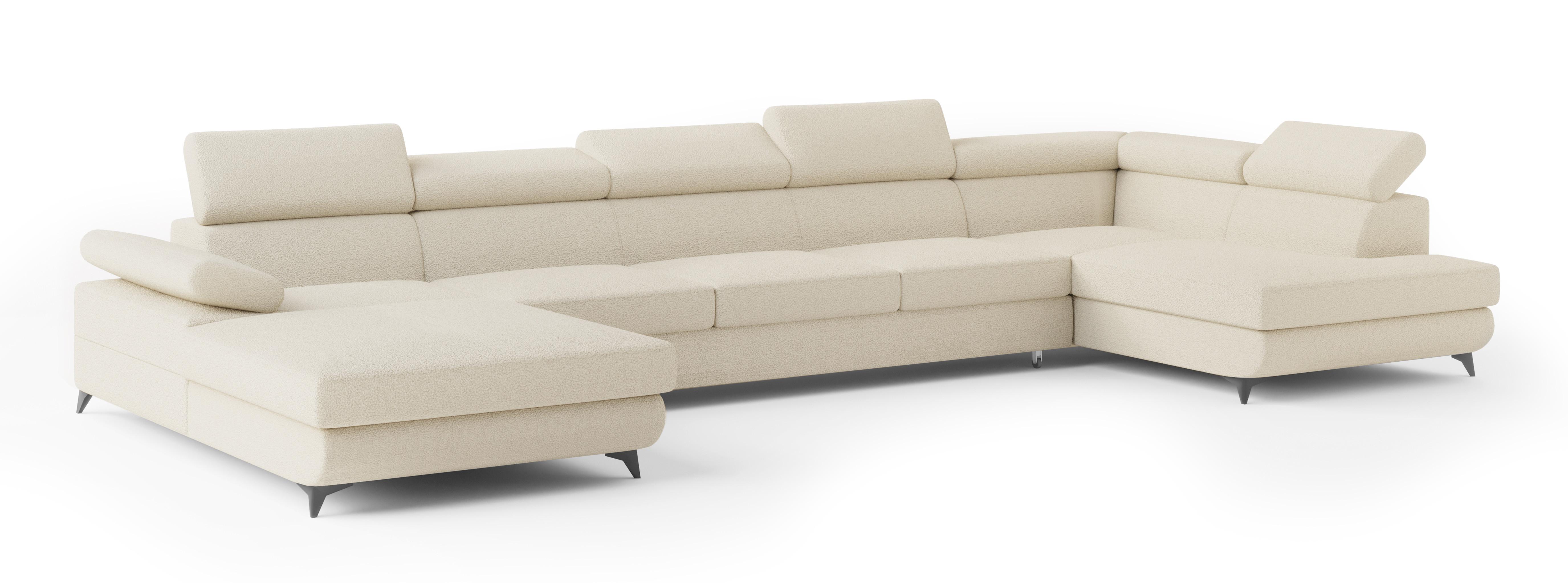 WOHNLANDSCHAFT MONTIVA Creme Boucle-Stoff mit Schlaffunktion - Creme, Holz (410/89/190cm) - MASSENO