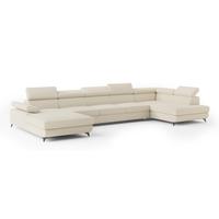 WOHNLANDSCHAFT MONTIVA Creme Boucle-Stoff mit Schlaffunktion - Creme, Holz (410/89/190cm) - MASSENO