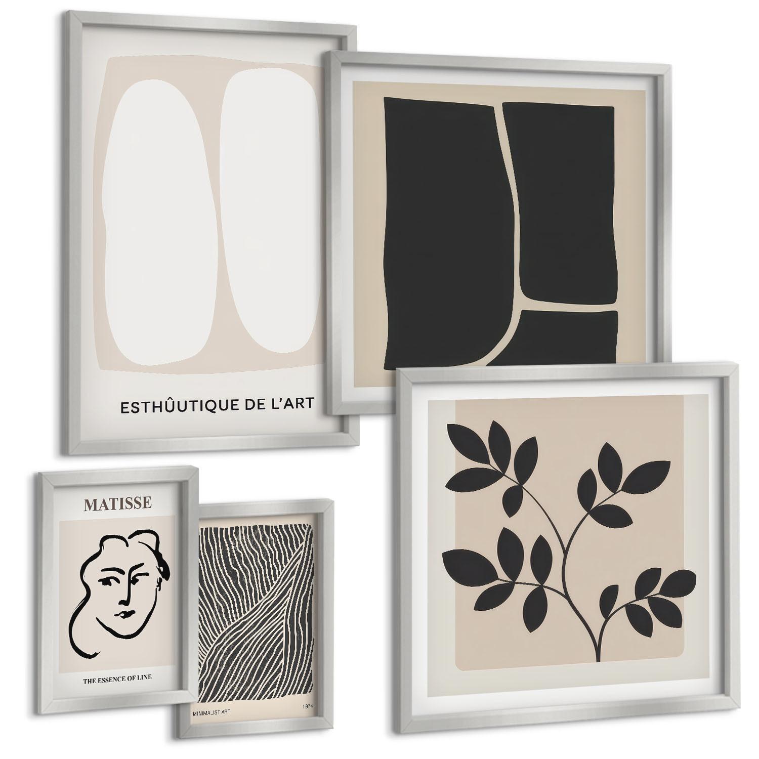 BILDER SET 5er Set - 50x50 cm & 20x30 cm & 40x60 cm Silberner Rahmen - Minimalistische Pflanzenmuster - Silberfarben, Kunststoff (40/60cm) - TULUP