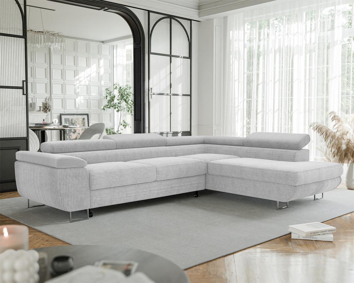 ECKSOFA ANTON rechts, mit Schlaffunktion und Bettkasten Hellgrau - Chromfarben/Hellgrau, Textil/Metall (274/203cm) - Idohome