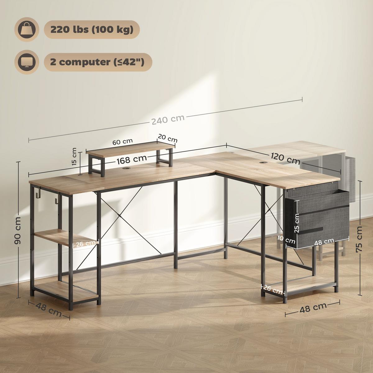 ECKSCHREIBTISCH aus Spanplatte Stahl Naturholz - Naturfarben, Holzwerkstoff (168/120/90cm) - HOMCOM